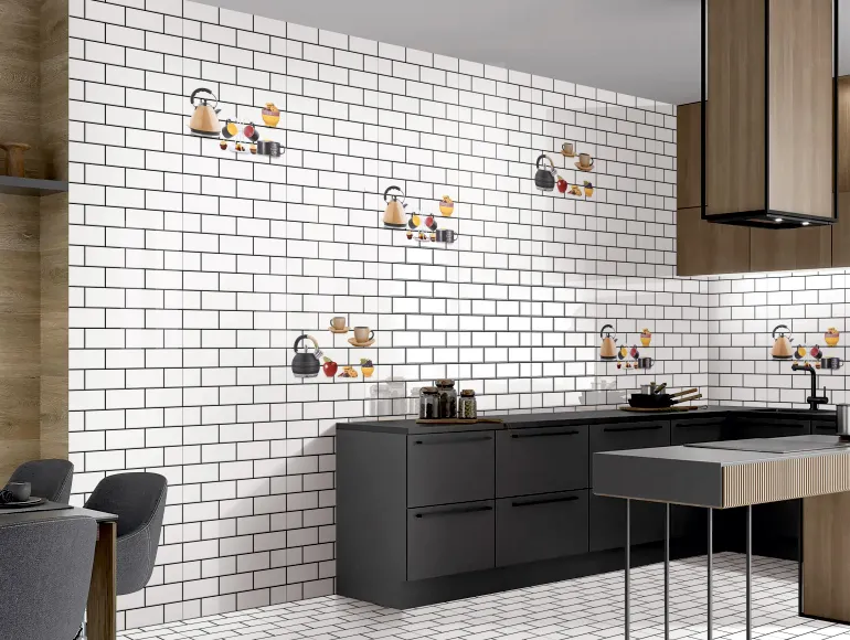 Stylish white kitchen design complemented by white brick tiles.